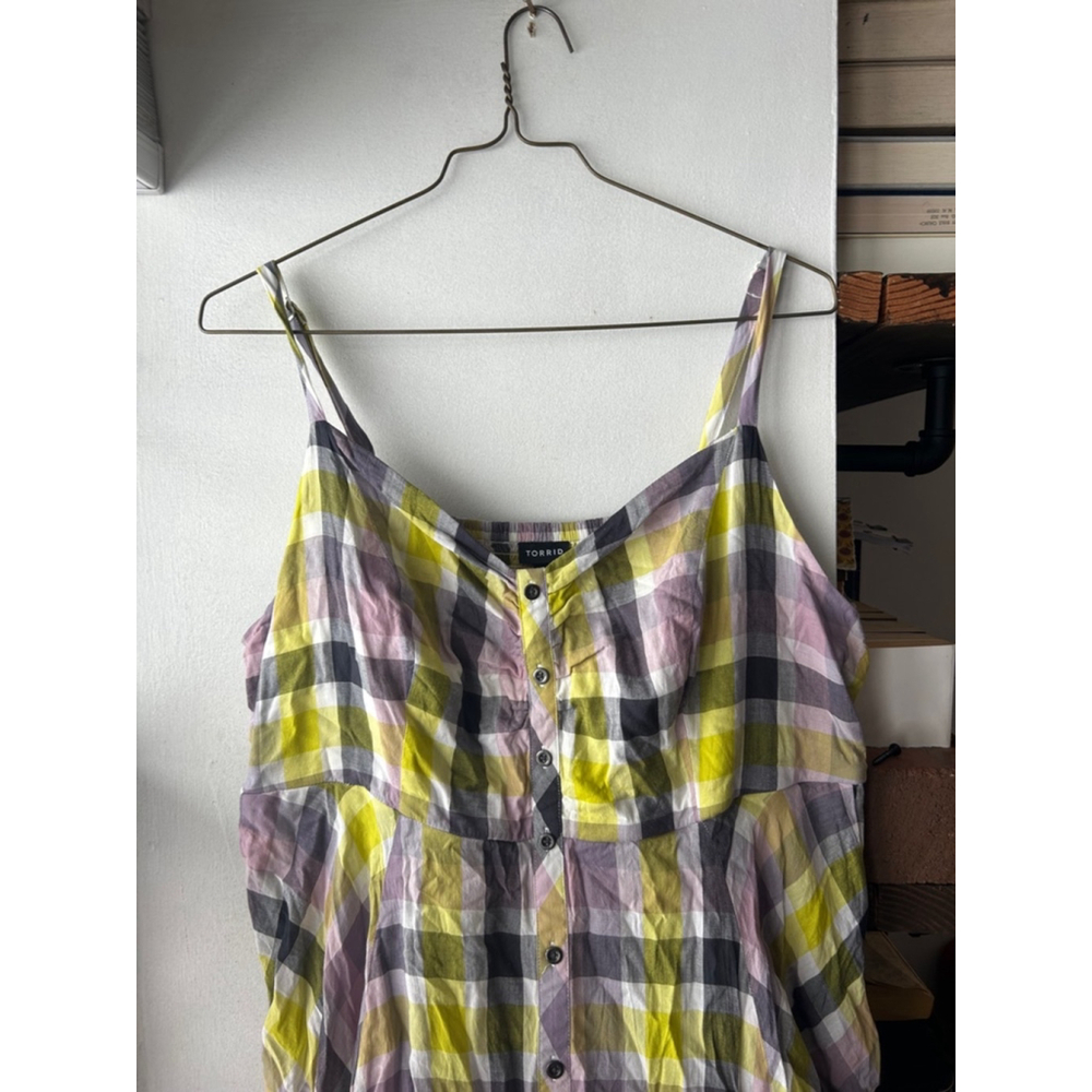Torrid Plaid Challis Button Front Midi Dress Size 3 Yellow Purple - Picture 5 of 7
